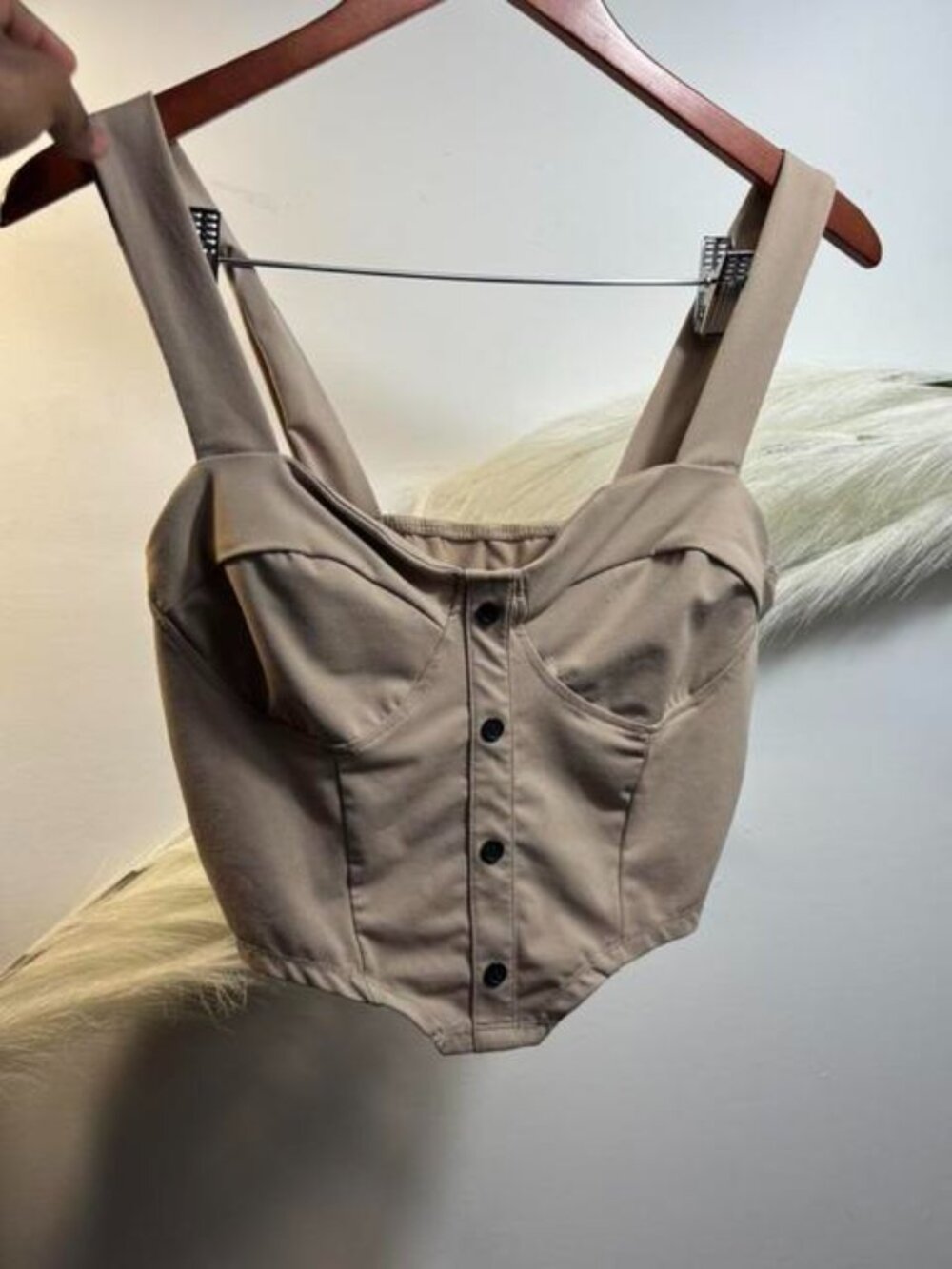 (#26) Tan corset top with button front and adjustable straps
